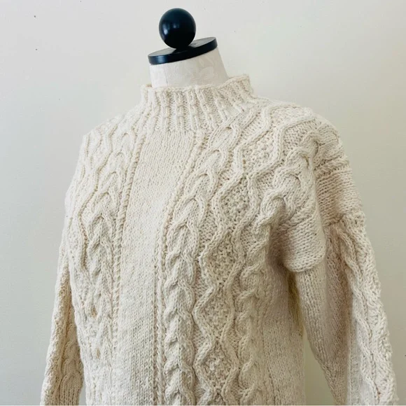 Vintage Handmade Wool Sweater Cream Fisherman Knit Aran Mock Turtleneck S M - Picture 7 of 8
